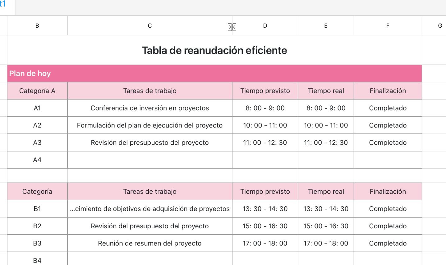 Tabla de reanudación eficiente
